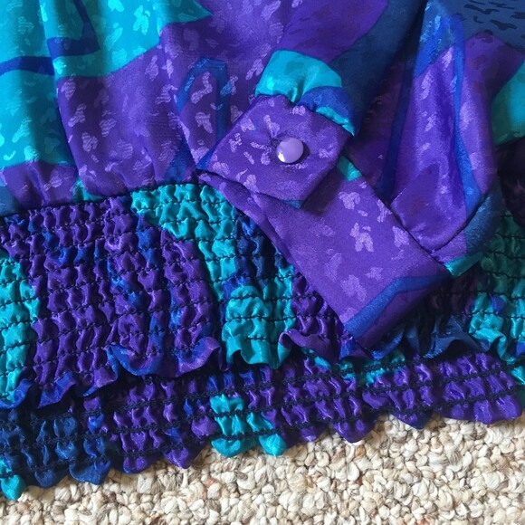 Lady Page Susan Page Vintage 80s Blouson Blouse Top Purple Teal Elastic Waist - Picture 3 of 11